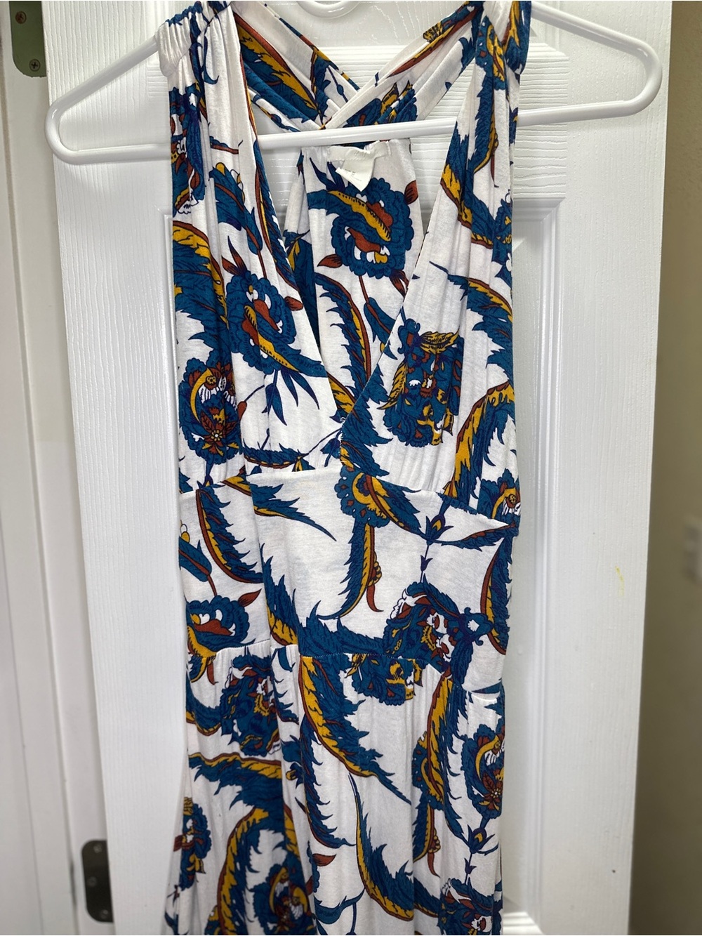 H&M White Maxi Dress with Blue and Gold Botanical Print